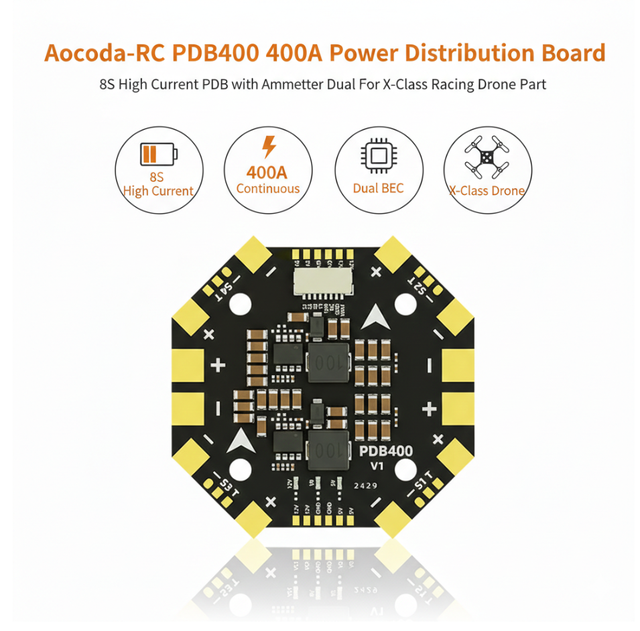 Aocoda-RC PDB400 400A Power Distribution Board 8S High Current PDB with Ammeter Dual BEC for X-Class Racing Drone Part
