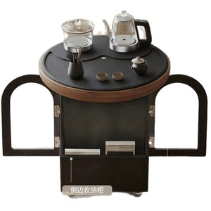 <b>Walnut</b> Wood Round Tea <b>Table</b> With Storage And Kettle For Living Room Study Office Use - Product Image 2
