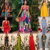 Robe longue fluide pour femme, col licou, découpes à la taille, décolleté plongeant en V profond, élégante, pour soirée ou événement formel