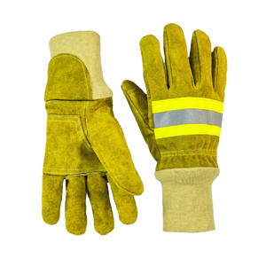 Fire Fighting Safety <b>Gloves</b> Leather <b>Knit</b> Wrist Reflective Stripe Abrasion Resistant Smooth Texture - Product Image 1