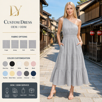 Robe midi décontractée à une épaule avec poches froncées, personnalisable, pour femme, vente en gros