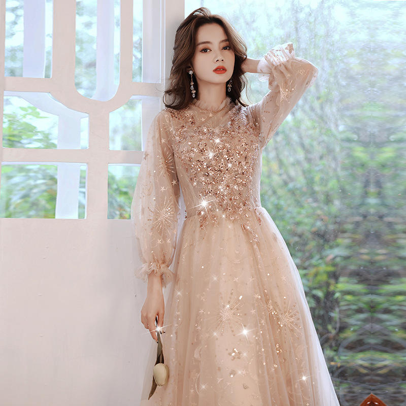 2021 New Champagne Banquet Temperament Long Long Sleeve French Princess Dress Elegant Noble Evening Dress