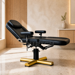 Fauteuil <span class=keywords><strong>de</strong></span> tatouage <span class=keywords><strong>hydraulique</strong></span> moderne en gros, fauteuil facial, <span class=keywords><strong>table</strong></span> <span class=keywords><strong>de</strong></span> <span class=keywords><strong>massage</strong></span> en cuir PU noir avec base dorée réglable pour salon <span class=keywords><strong>de</strong></span> beauté et studio - Product Image 2