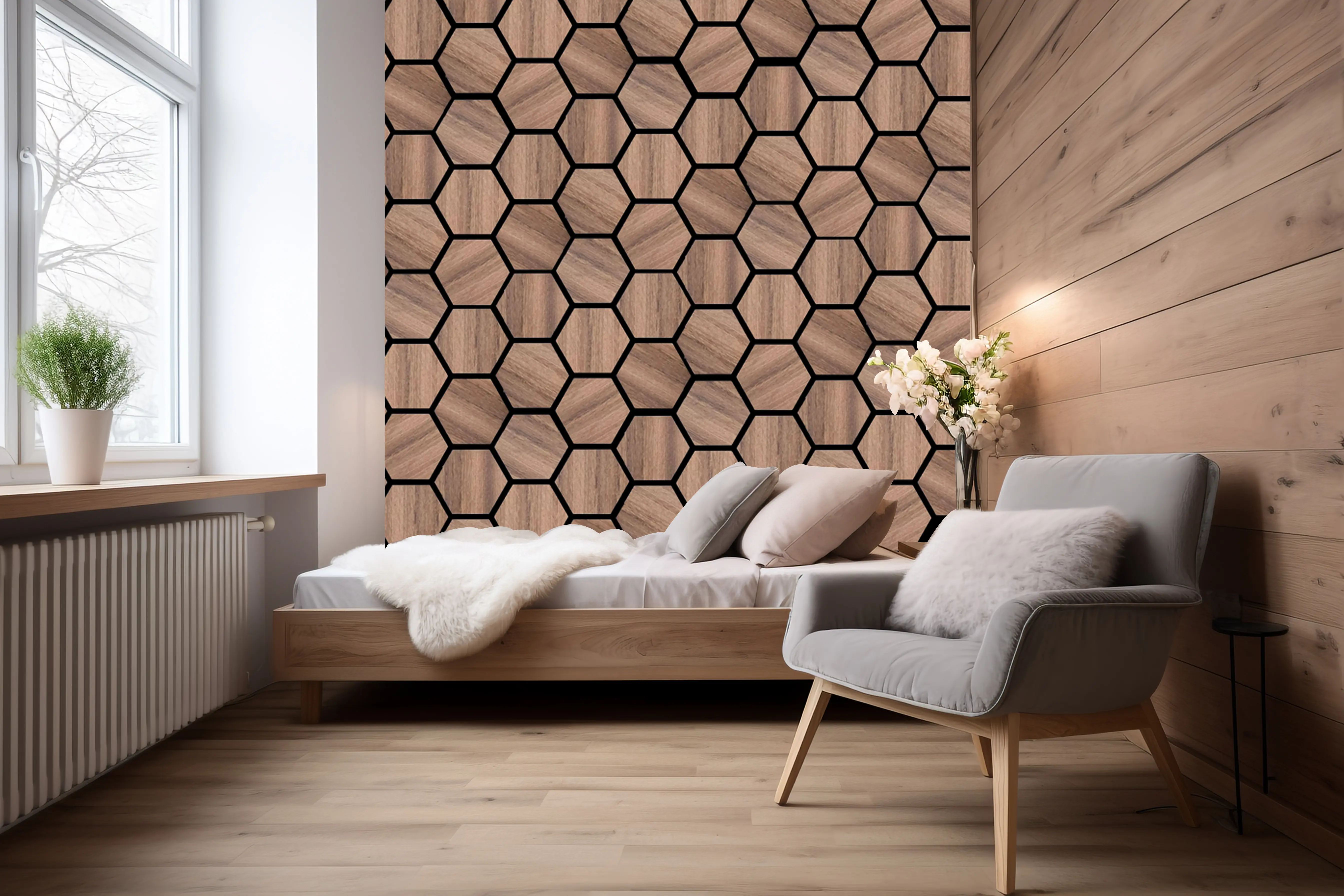 FEYT Luxe Hexagonal Nouveau Style Mur Décoratif Bois Placage Surface Meubles De Bureau Panneaux Acoustiques