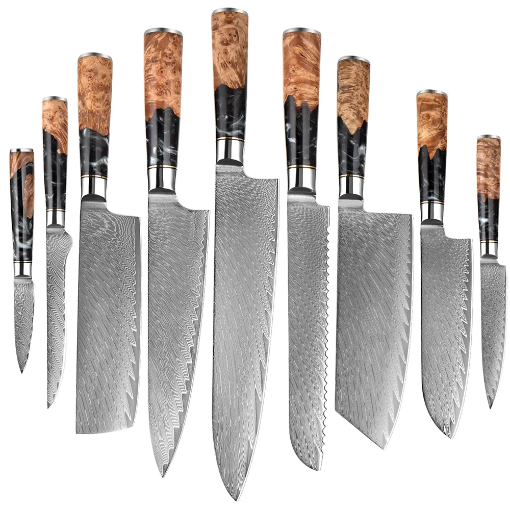 XITUO 1-9 Pieces Damascus Steel Kitchen Knives Set Sharp Chef Knife Black Resin Handle Kitchen Utility Cutting Tools