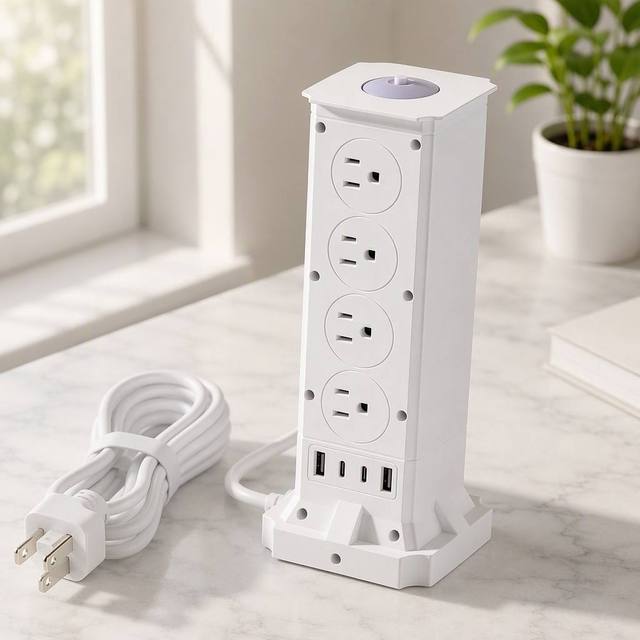 Wholesale Custom Logo US Power Strip Vertical Tower 8 Outlets 2 USB 2 Type C PD Fast Charging Hub Extension Cord Surge Protector