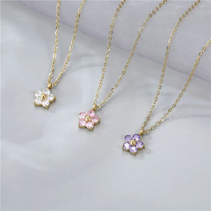 KMLS8005 semplice in acciaio inox cubic zirconia collana pendente di fiori di tendenza di cristallo colorato collana di diamanti all'ingrosso