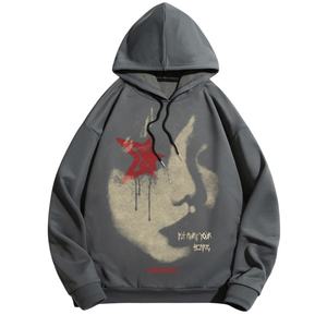 Sweat-shirt à capuche pour homme, automne, broderie graphique, style hip-hop, surdimensionné, polyester/coton, manches longues, noir - Product Image 1