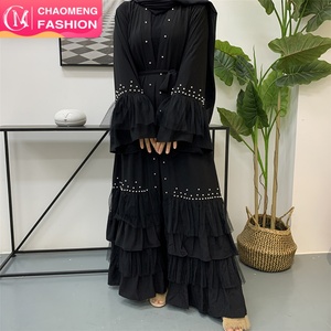 1828# Muslim Women Favorite Dark Black Abaya Kimono Beading Pearls Cake Bottom Mesh Design Black Cardigan Abayas Modest Clothing - Product Image 1