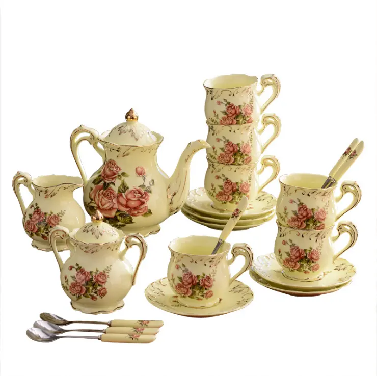 Set cangkir keramik porselen Tiongkok, set piring cangkir kopi teh mawar gading dengan nampan susu dan sendok besar