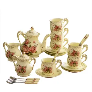 Porcelana cerâmica bone china britânico copo café chá marfim rosa copo pires conjunto com leite pote grande bandeja e colher