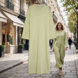 Robe longue intérieure personnalisée en coton élasthanne de couleur unie à col rond pour femmes musulmanes, style <span class=keywords><strong>Abaya</strong></span> modeste pour Ramadan et Aïd - Product Image 4