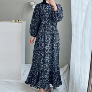 Vestido musulmán de talla grande con volantes para mujer, manga larga acampanada, cuello redondo, botón, bata holgada, estampado de puntos, vestidos largos informales para mujer - Product Image 4