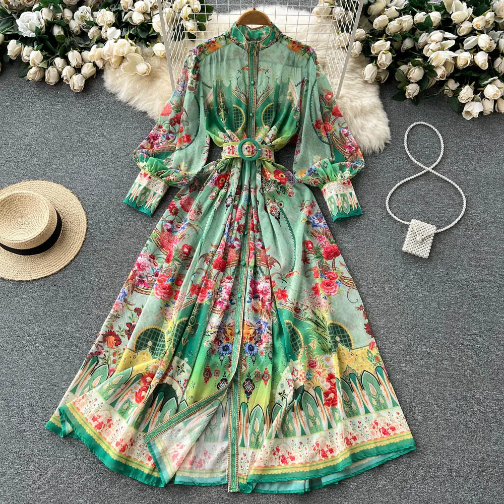 Dress Green floral high-end stand collar shirt skirt lace slimming retro long sleeve A-line skirt women