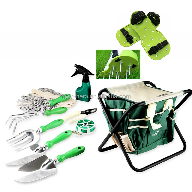 Folding Stool Storage Bag with 9 Piece Garden Tools Kit Lawn Aerator Shoe Sandal Outdoor Portable Foldable Seat Garden Tool Set