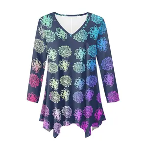 Wholesale Customized Design Gradient Blue Tie-dye Floral Swing Tunic Top for Women Plus Size Hawaiian Floral Long Sleeve Shirts