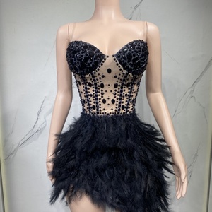 <span class=keywords><strong>Robe</strong></span> de soirée élégante marron en maille ornée de strass et de plumes, sexy et scintillante, pour femme, idéale pour les fêtes, anniversaires et spectacles - Product Image 2