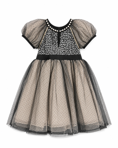 Vestido de tul negro con lunares para niñas, con ribete de perlas, manga abullonada, corte en A, formal, hasta la rodilla - Product Image 2