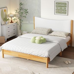 Solid Wood Upholstered <b>Double</b> <b>Bed</b> Wheat-colored Low <b>Box</b> Framework Bedroom Furniture - Product Image 3