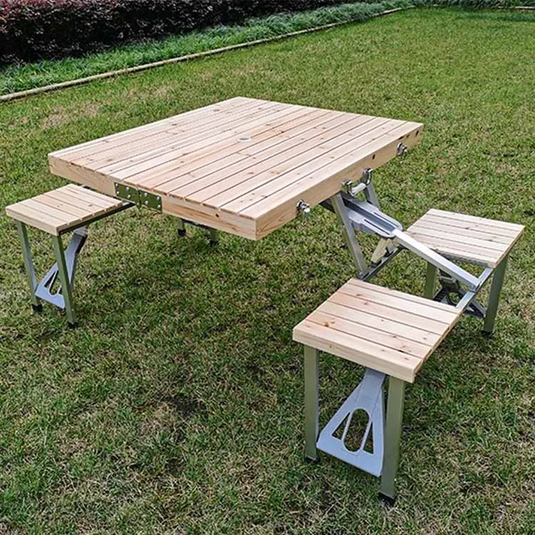 silla plegable madera Portable Outdoor Suitcase bbq Camping Aluminum Wood Table Picnic Folding Table and Chair Set
