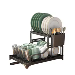 New Coming 2 Tier Dish Rack Alumínio Dish Drying Rack para Kitchen Counter Kichen Storage Dish Drainer Rack com Drainboard