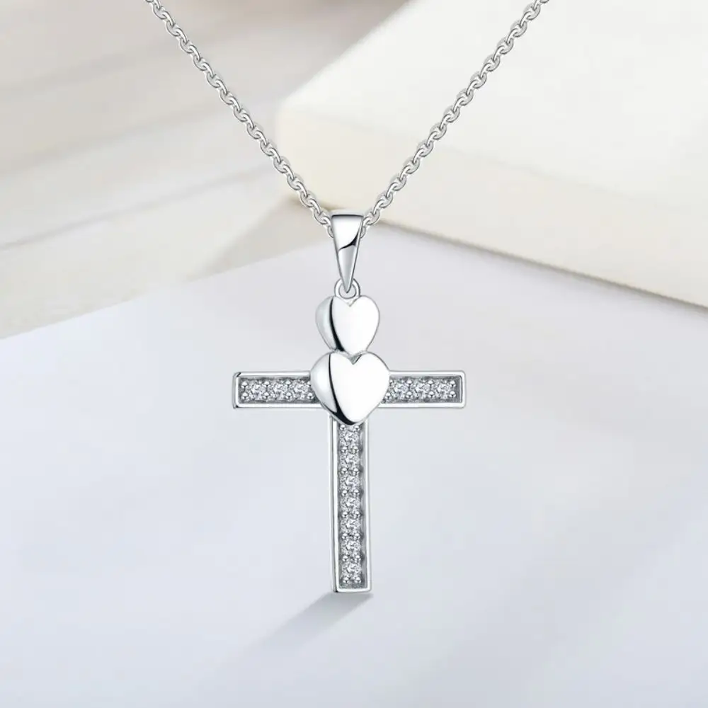 Real 925 Sterling Silver Fashion Statement Cross With Double Heart Pendant Necklace