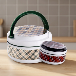 Lonchera Redonda de Plástico para Oficina con Diseño a Cuadros, Asa Verde, Portátil, de Una Sola Capa, Fácil de Limpiar, Apilable - Product Image 4