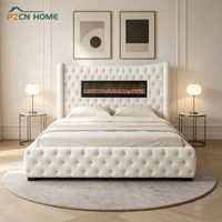 Lit en bois de luxe moderne avec rangement, cheminée intégrée, rembourré en velours, multifonctionnel, pour lit King ou Queen
