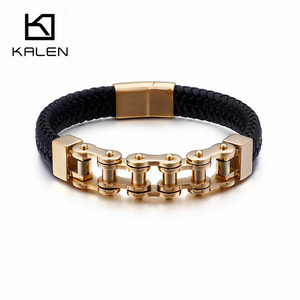 <span class=keywords><strong>KALEN</strong></span> Pulsera de Acero Inoxidable Chapado en Oro Brazalete de Cuero para Hombre - Product Image 1