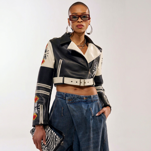 Women's Faux Leather Moto <b>Jacket</b> Full Sleeve Patchwork Embroidered Zipper Closure <b>Short</b> Crop Biker Style Autumn Faux <b>Fur</b> - Product Image 1