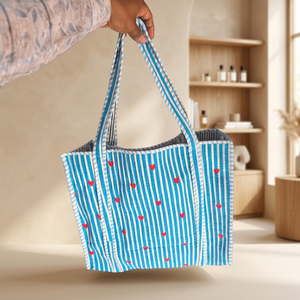 Bolsa de Mano de Algodón a Rayas Azules con Corazón Rojo Estampado, Bolsas de Compras con Diseño Abierto y Moderno para Todas las Temporadas - Product Image 3