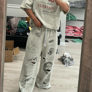<span class=keywords><strong>Pantaloni</strong></span> da Uomo in Cotone 100% di Alta Qualità, Stampa DTG Personalizzata, Effetto Distressed, Lavaggio Acido, Gamba Larga, Stile Baggy - Product Image 1