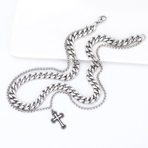 yunnique Minimalist <b>Titanium</b> Steel Double <b>Chain</b> Cross Necklace For Men Stainless Steel Geometric Design Fashion Pendant Jewelry - Product Image 1