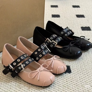 2026 New Style American Sweet Cool Double-Tie Canvas Patch Cowhide Bow One-Strand <b>Ribbon</b> Flat <b>Ballet</b> <b>Shoes</b> - Product Image 6