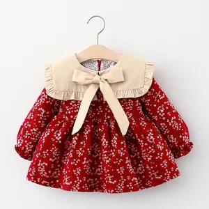 幼児の赤ちゃんの女の子のプリントドレス甘い赤ちゃん長袖フリルパッチワークドレス秋の幼児のプリンセスドレスとヘッドバンド