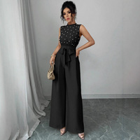 Combinaison élégante et chic pour femme, printemps/été, noire à pois, col rond, épaules dénudées, longue, avec perles