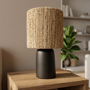 Black Durable & <b>Portable</b> <b>Table</b> <b>Lamp</b> Woven Jute Shade Bedside Desk Light Modern Home Decor - Product Image 2