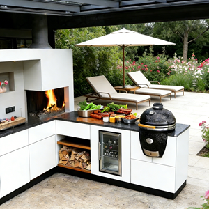 Cuisine extérieure personnalisée en acier inoxydable noir avec <span class=keywords><strong>réfrigérateur</strong></span> intégré et barbecue - Product Image 1