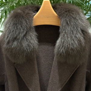 Nouvelle veste en laine double face pour femme, col en vraie fourrure de renard brun naturel, ceinture, poches, manteau <span class=keywords><strong>court</strong></span> en laine, vêtements d'extérieur - Product Image 4