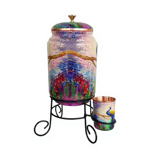 Distributeur d'eau en cuivre coloré avec motif paon sur support métallique - Product Image 1