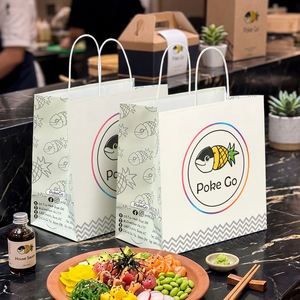Sacs en papier kraft personnalisés biodégradables avec poignées torsadées pour la restauration rapide, les restaurants de Poke Bowl - Product Image 1
