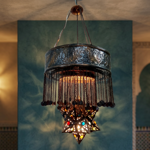 Lustre traditionnel égyptien en laiton Zahereen BR363, grand modèle, avec pendentifs en cristal, éclairage à économie d'énergie, finition cuivre antique - Product Image 3