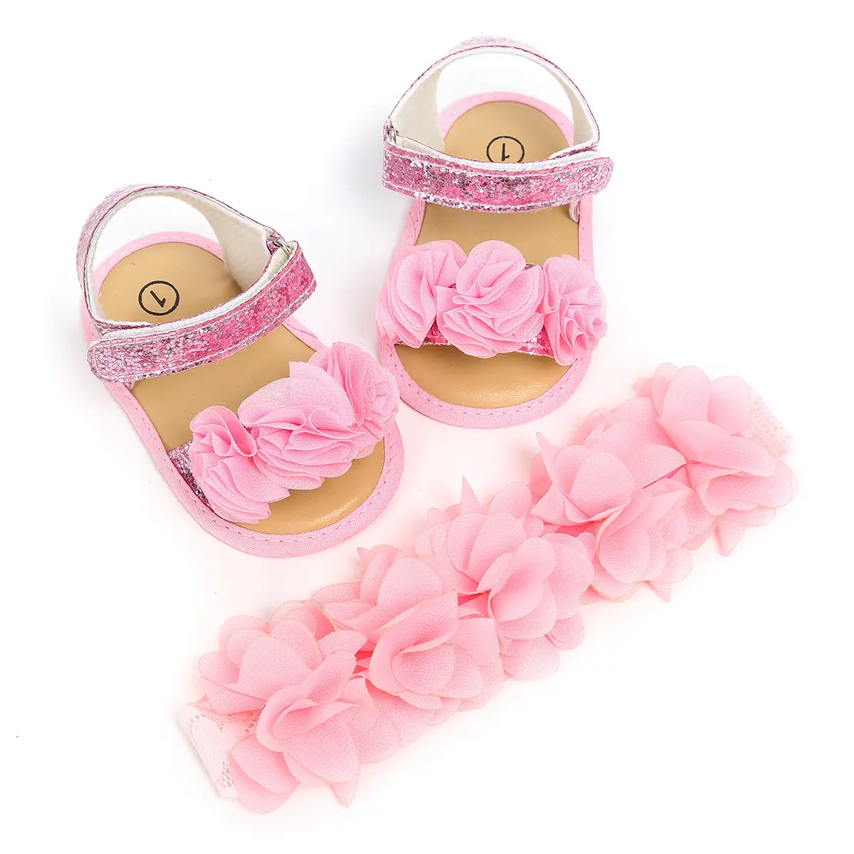 New Sơ Sinh Trẻ Sơ Sinh Bé Gái Trai Crib Shoes Sequined Floral Flat Hook Giày Công Chúa Mùa Hè Dễ Thương Dép + Hoa Headband 2 Cái
