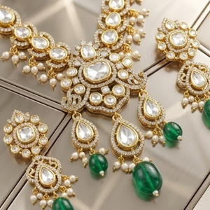 Royal 925 Silver Emerald Pearl <b>Necklace</b> Set Traditional Bridal Jewelry Designer Earrings for Women Collection - Product Image 3