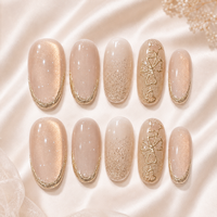 Faux ongles de luxe haut de gamme faits à la main, effet œil de chat nude, avec trèfle doré, forme ovale moyenne, réutilisables, logo personnalisé, vente en gros