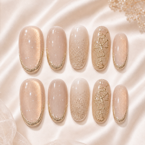 Faux ongles de luxe haut de gamme faits à la main, effet œil de chat nude, avec trèfle doré, forme ovale moyenne, réutilisables, logo personnalisé, vente en gros - Product Image 2