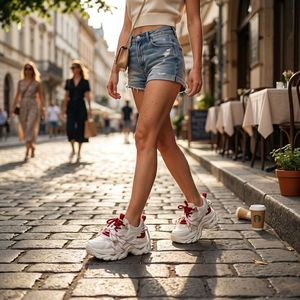 Baskets tendance pour femme à double lacets, style 'Daddy', avec talon compensé invisible de 5 cm, empeigne en maille bordeaux contrastante, semelle intérieure en peau de porc confortable, semelle extérieure en caoutchouc - Product Image 2