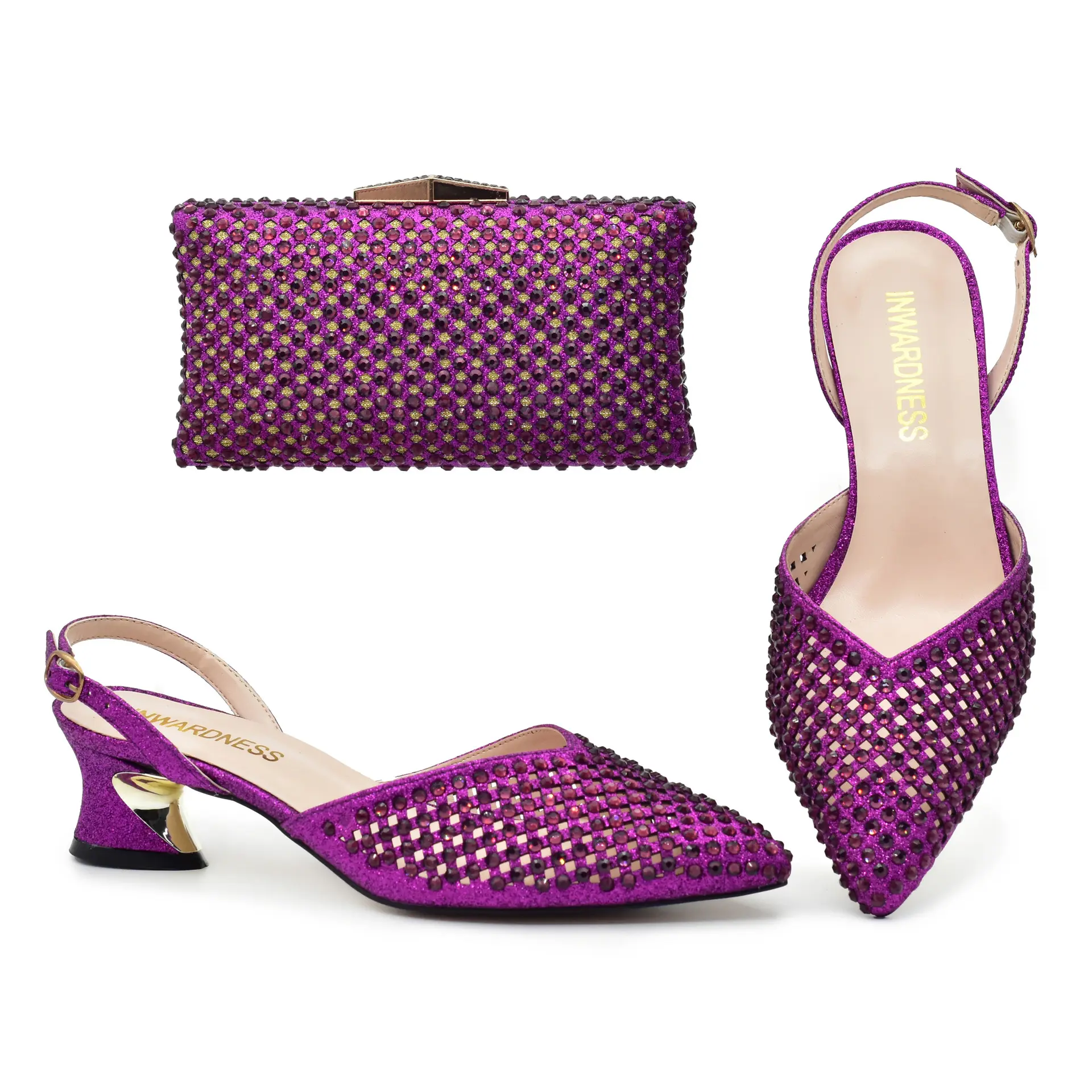 Luxury Italian African Turkey Party tacchi bassi scarpe da donna con tacco africano e borsa con tacco basso purple per donne africane