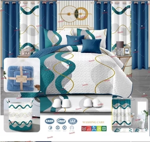 Nouveaux designs 2025 Ensemble <span class=keywords><strong>de</strong></span> literie 24 pièces avec rideaux assortis Ensemble <span class=keywords><strong>de</strong></span> couvre-<span class=keywords><strong>lit</strong></span> en coton taille King avec rideaux assortis - Product Image 2