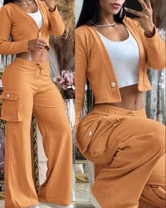 Pocket Solid Color Long Sleeve Crop Tops Trouser 2 Pieces <b>Set</b> Women Streetwear Suits Fashion - Product Image 5